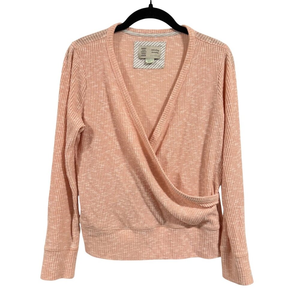 Anthropologie Saturday Sunday Heather Pink Ribbed Cross Wrap Sweater Size S‎